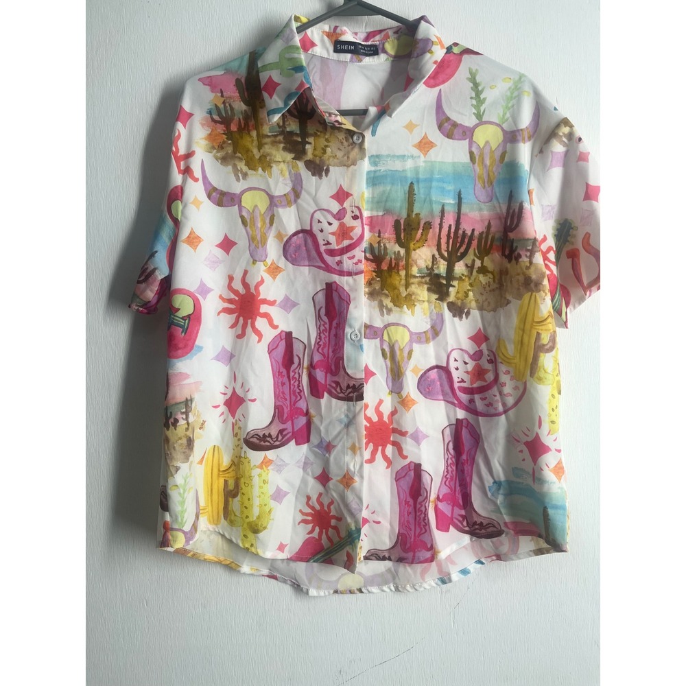 SHEIN Western Cowboy Boot Cactus Print Button Down Shirt XS Pink Watercolor